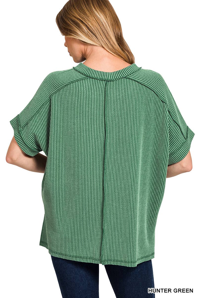 8451 Textured Line Short Cuff Sleeve Raw Edge Top