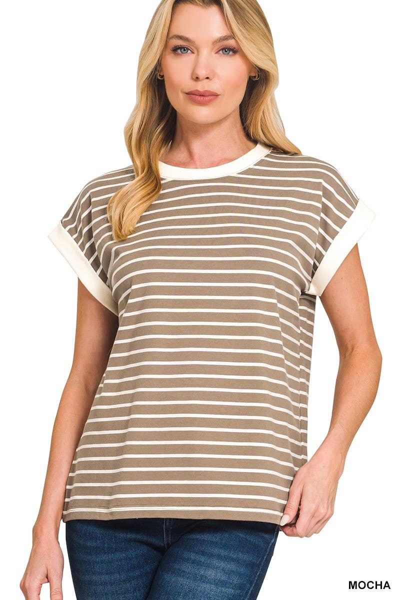 3534 Contrast Trim Cap Sleeve Stripe Tee CT-3543Y