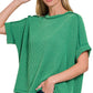 8451 Textured Line Short Cuff Sleeve Raw Edge Top