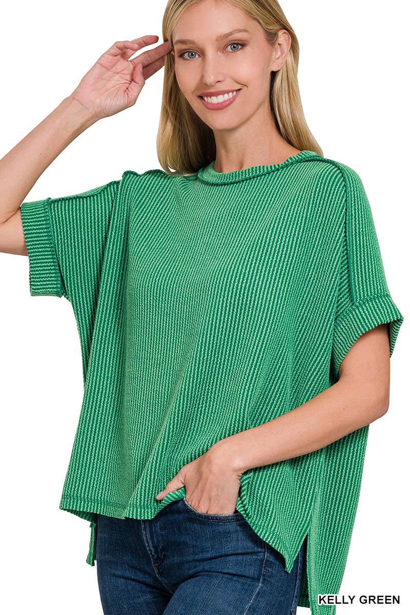 8451 Textured Line Short Cuff Sleeve Raw Edge Top