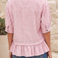 D0525 Plaid Half Sleeve Ruffle Hem Button Down Shirt