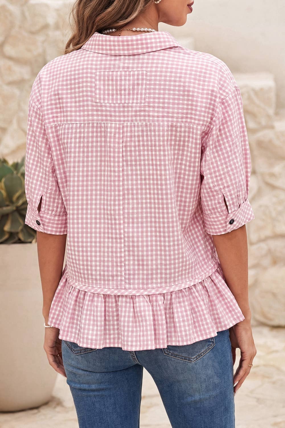 D0525 Plaid Half Sleeve Ruffle Hem Button Down Shirt