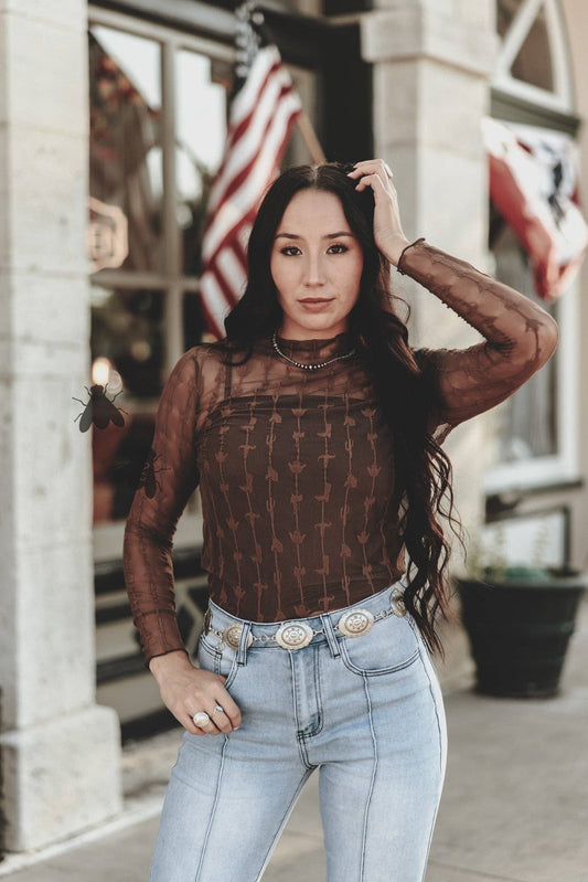 LARIAT LACE L/S *CHOCLATE Mesh top