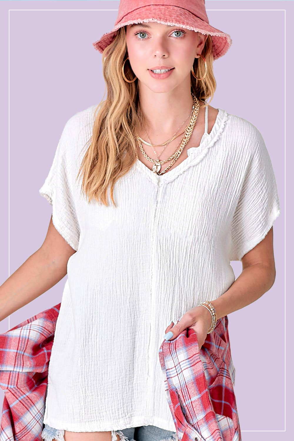 Loose Fit Gauze Fabric Short Sleeve Top HBT7624