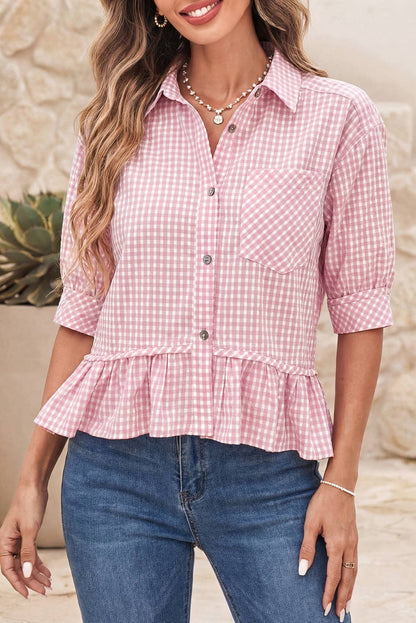 D0525 Plaid Half Sleeve Ruffle Hem Button Down Shirt