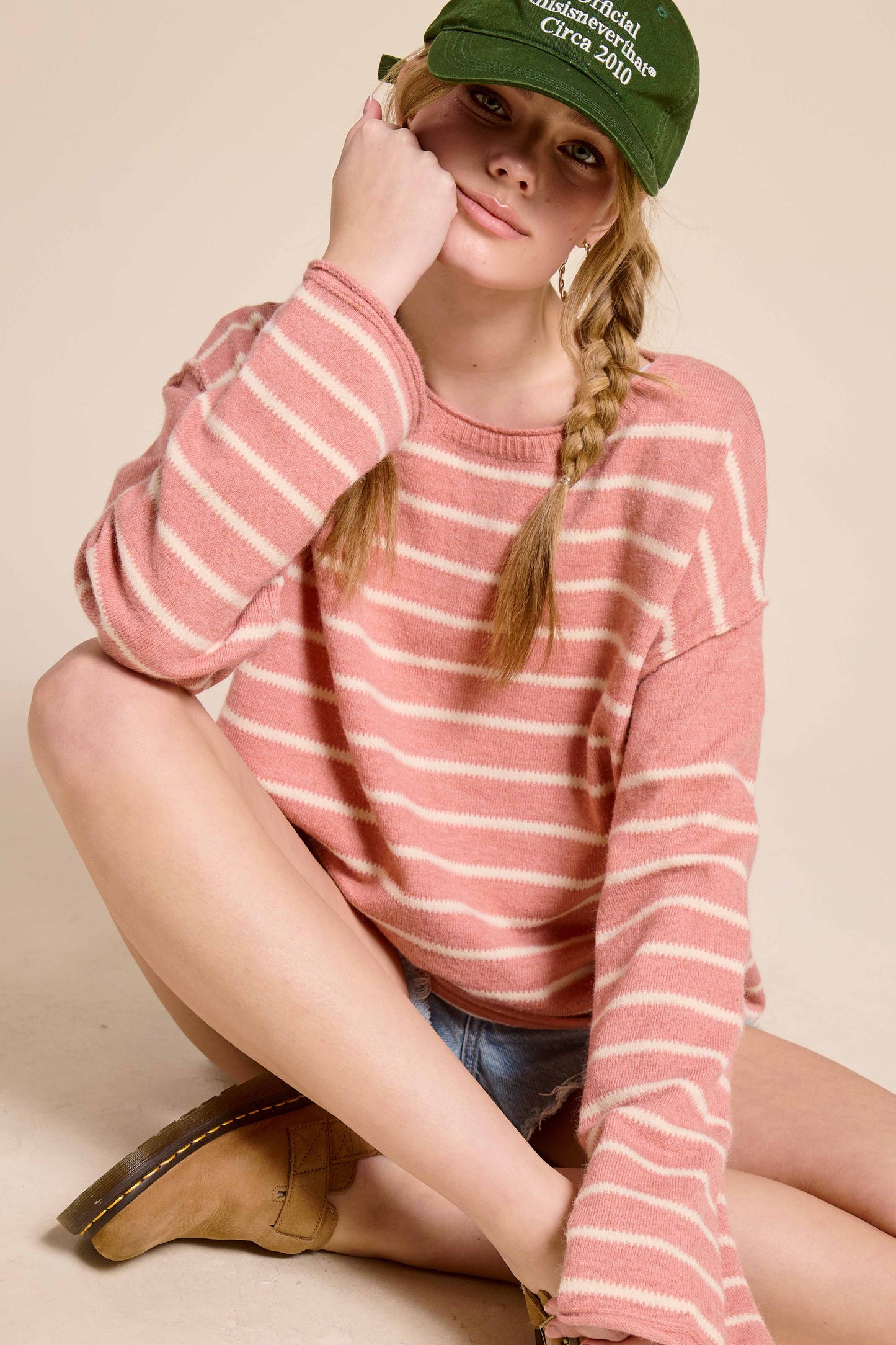 MCS3588-Striped Round Neck Loose Fit Long Sleeve Sweater
