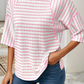 Shirts Women’s Striped Textured Knit Split Hem Half Sleeve Loose Top P1819