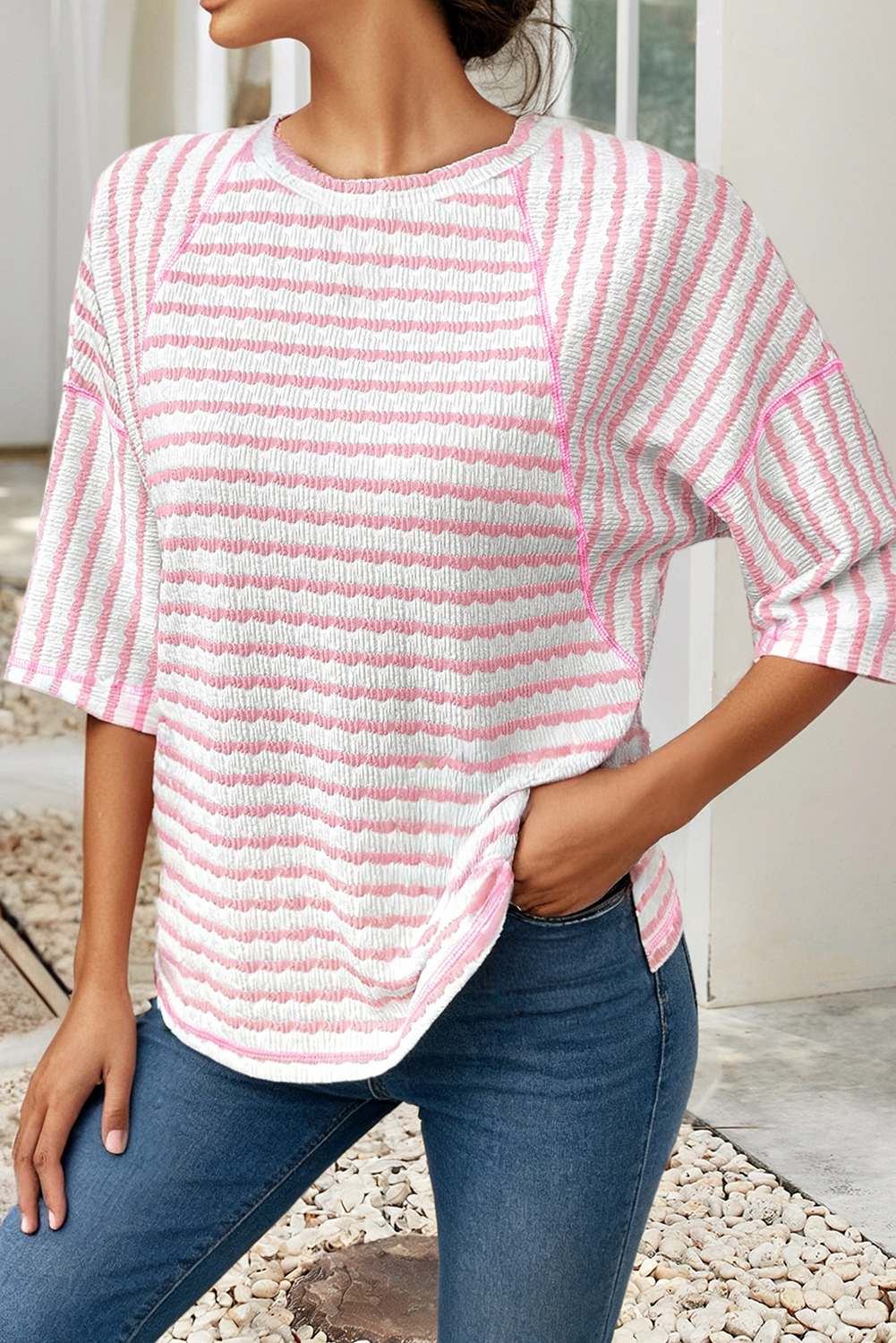 Shirts Women’s Striped Textured Knit Split Hem Half Sleeve Loose Top P1819