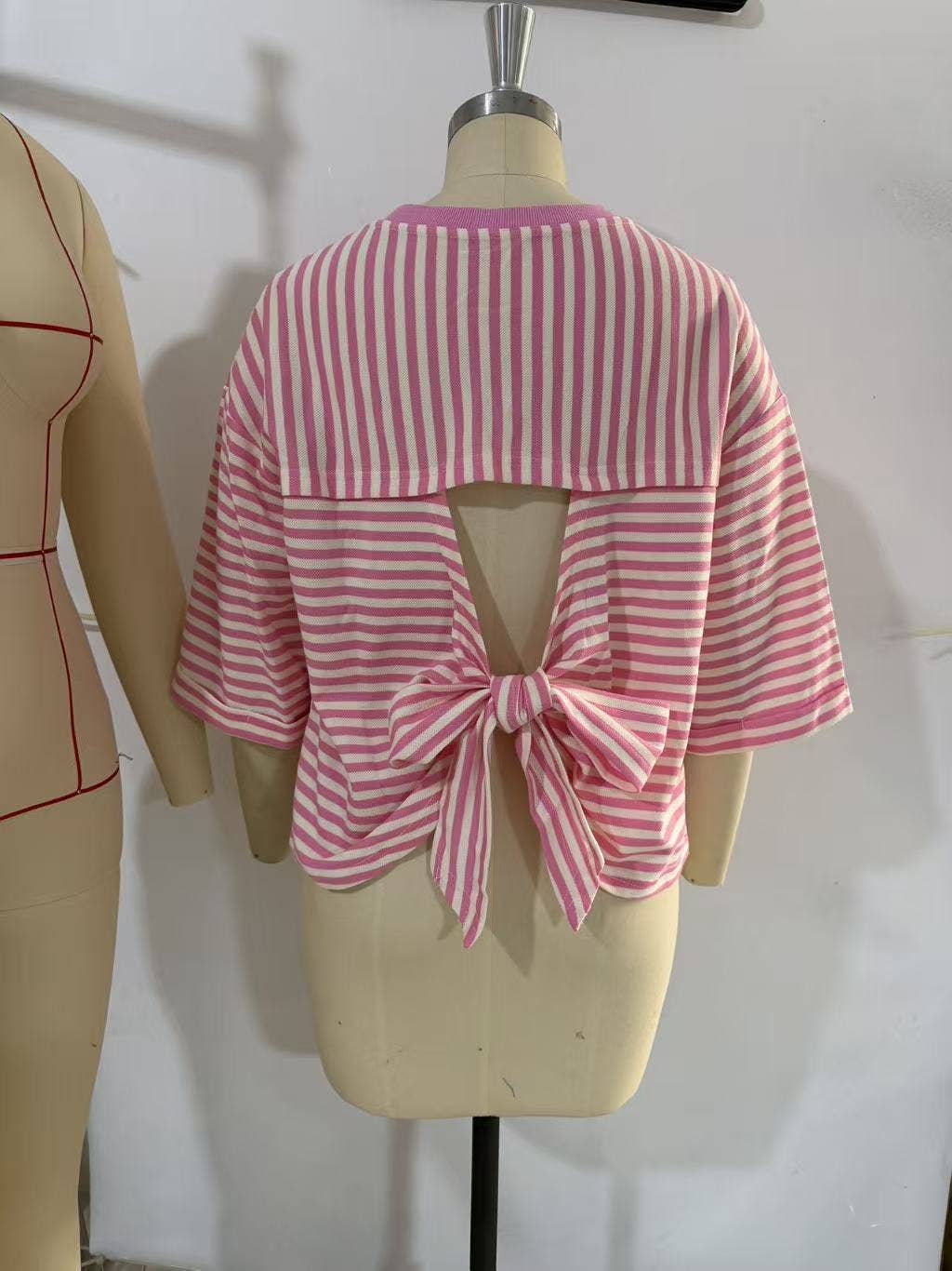 TO1843 Striped Back Tie Bow Knit Top