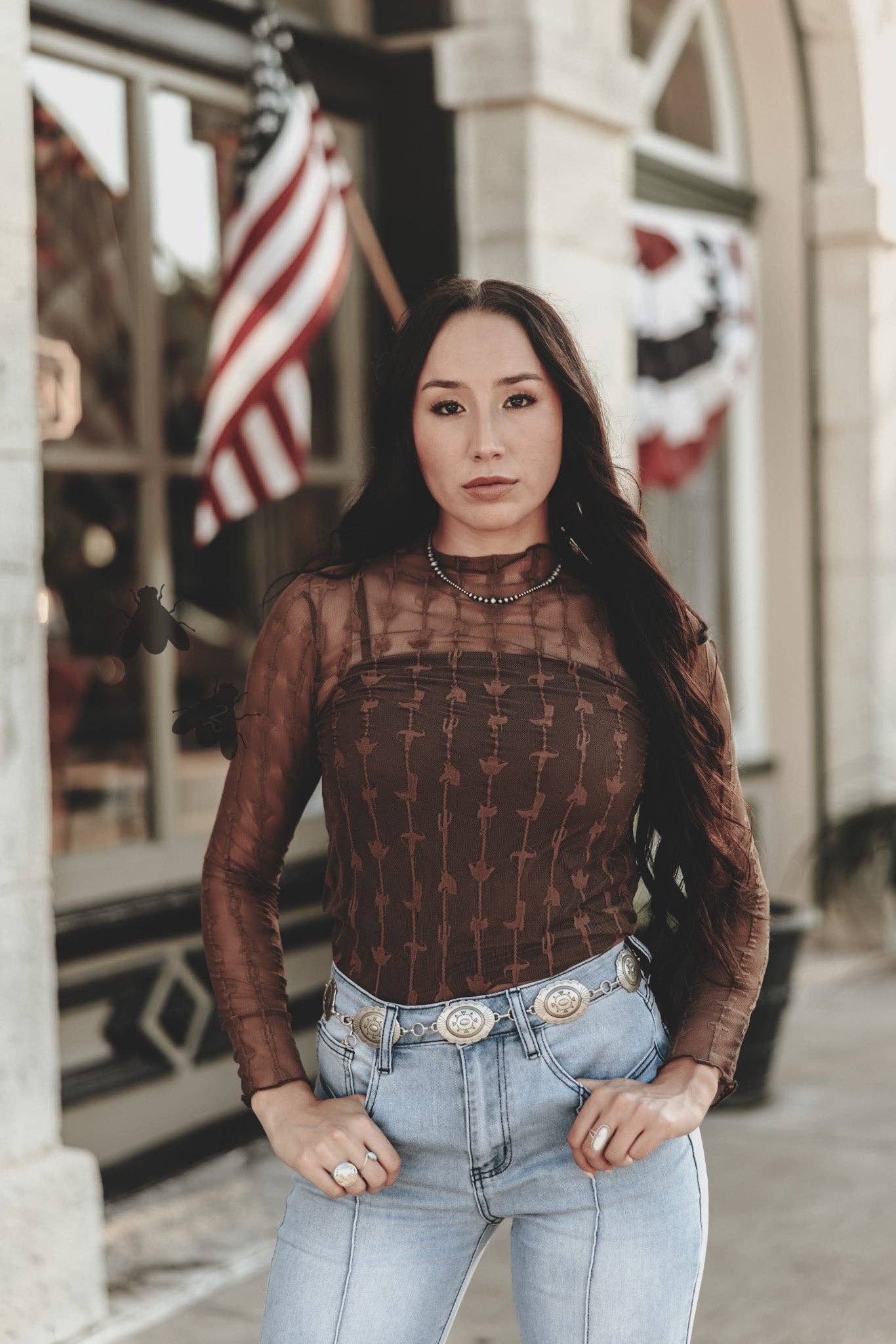 LARIAT LACE L/S *CHOCLATE Mesh top