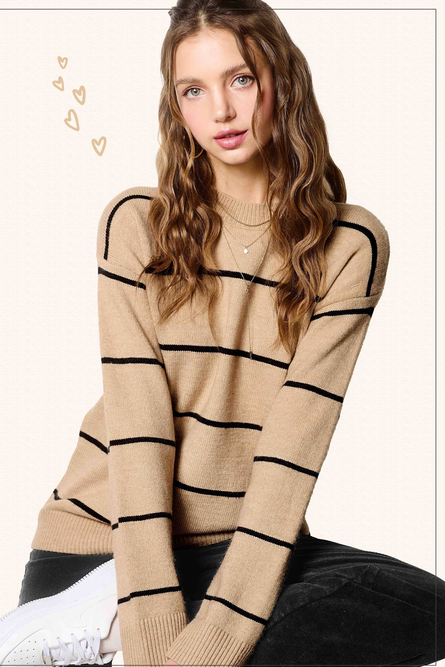 Outerwear Loose Fit Stripe Long Sleeve Crewneck Sweater HCS3553