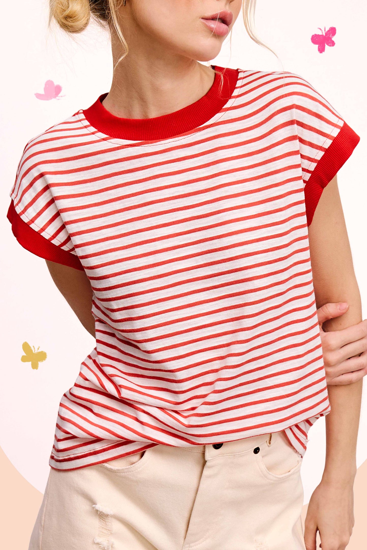 JDT7710 Shirts Women’s Nautical Cap Sleeve Striped Top 4th of july