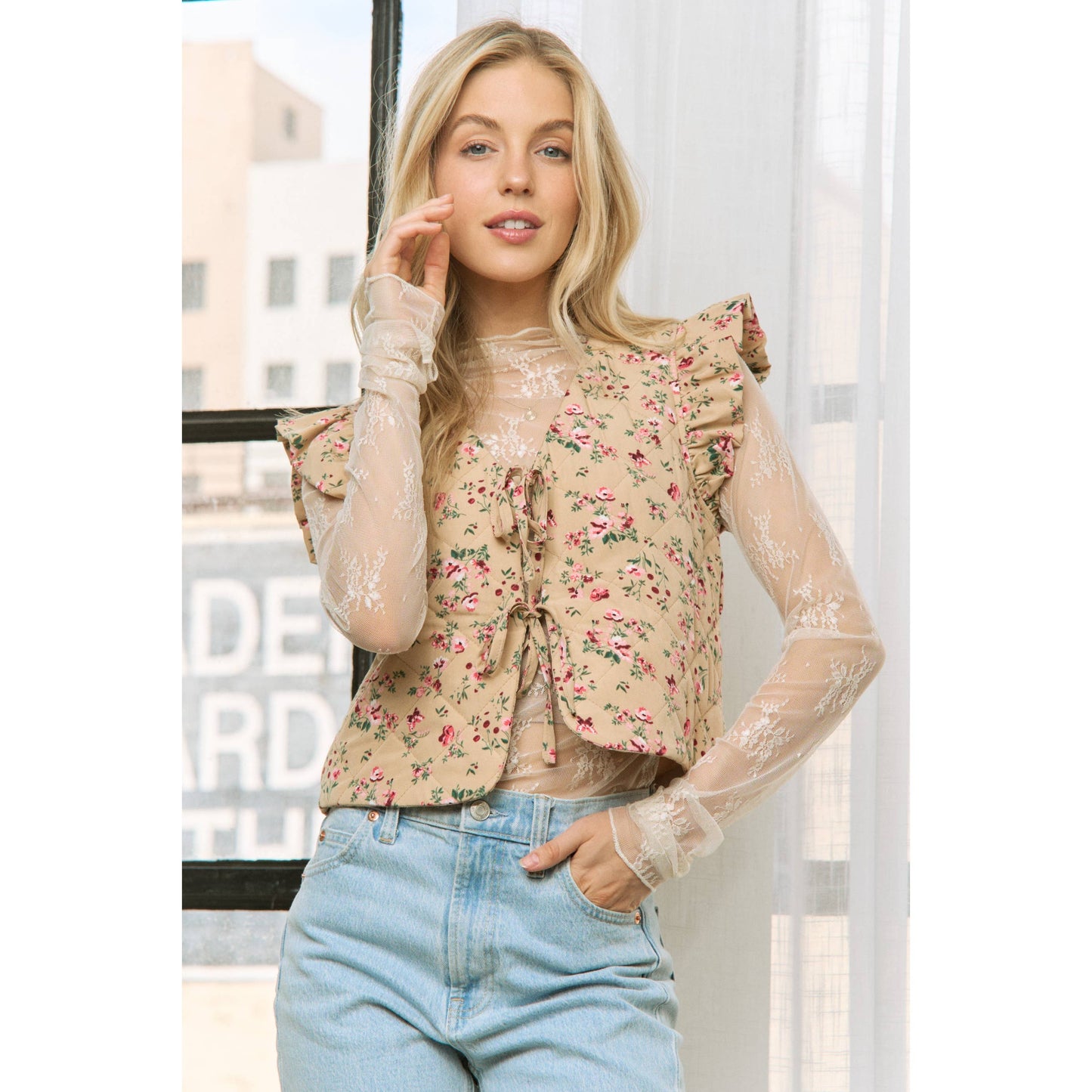 Shirts Women’s FLORAL PRINT VEST JACKET With ARMHOLE RUFFLE JK10401