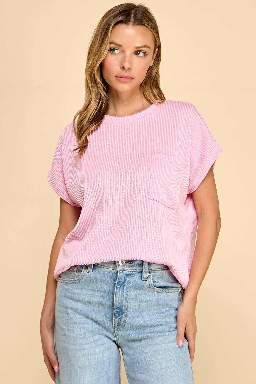 T1641 Solid Ribbed Top With Pockets L1E-T1641
