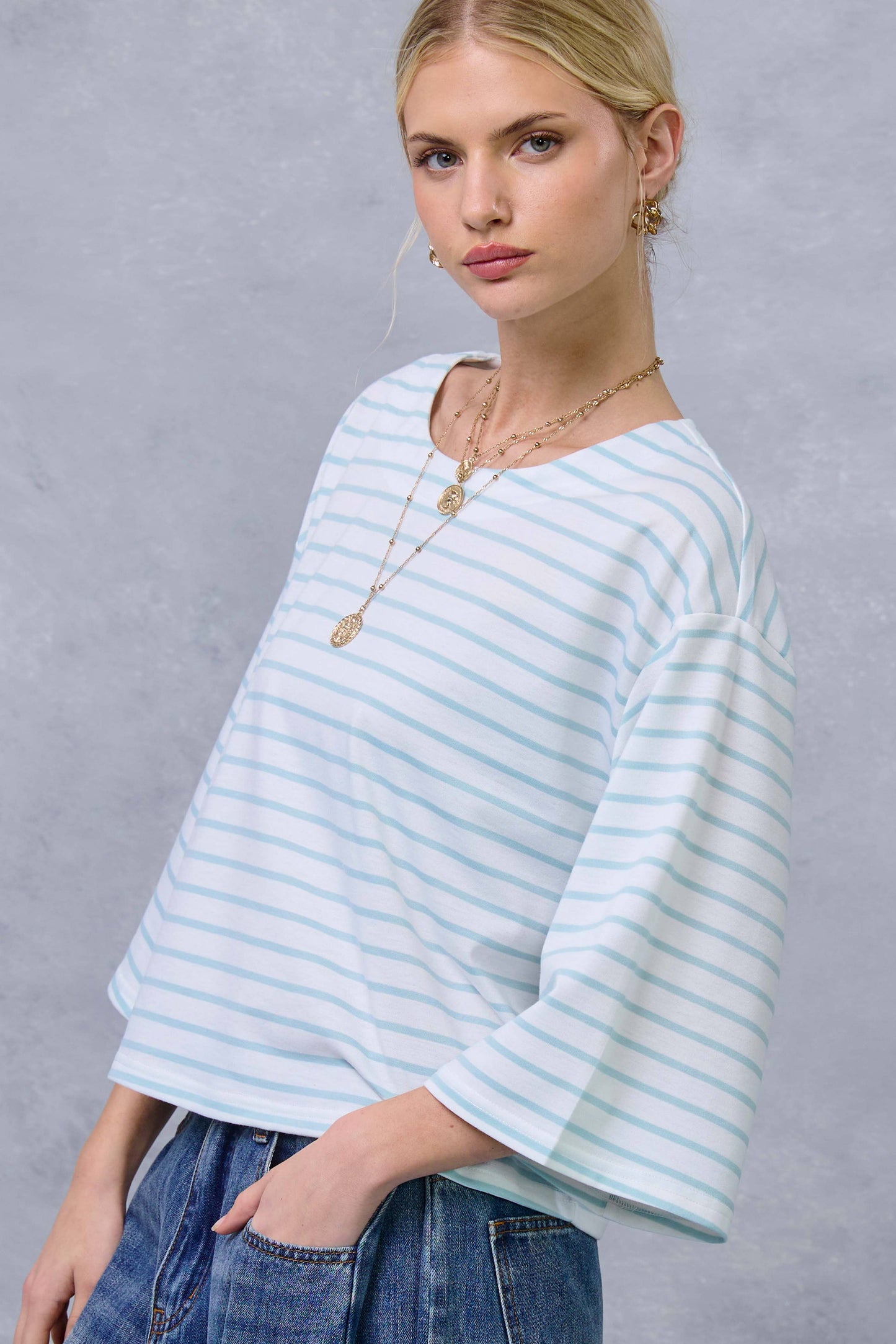 HDT7723-Striped Semi Crop Top women’s shirt with 3/4 Bell Sleeves