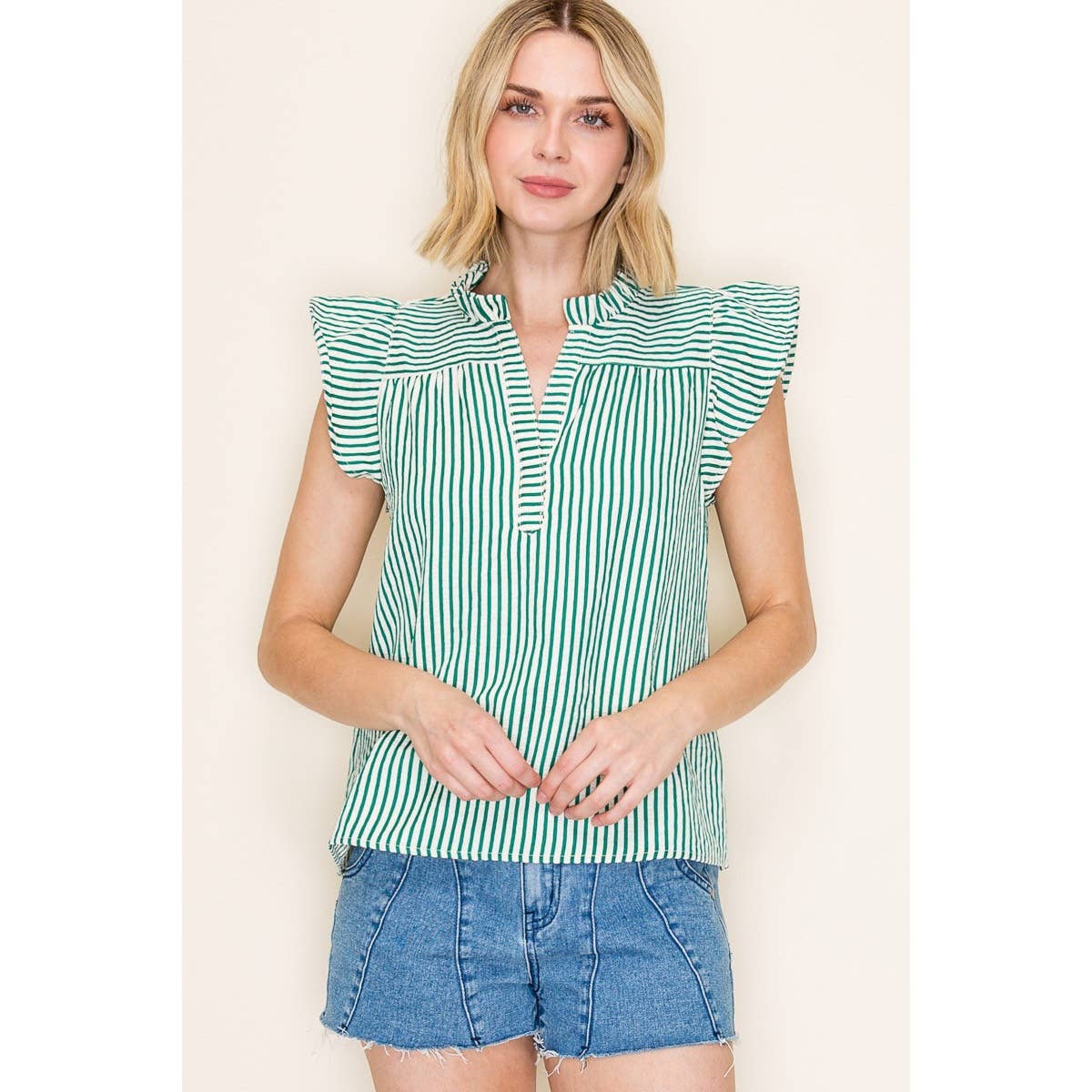 Shirts Women’s FRILLED SPLIT NECK STRIPED TOP 20952