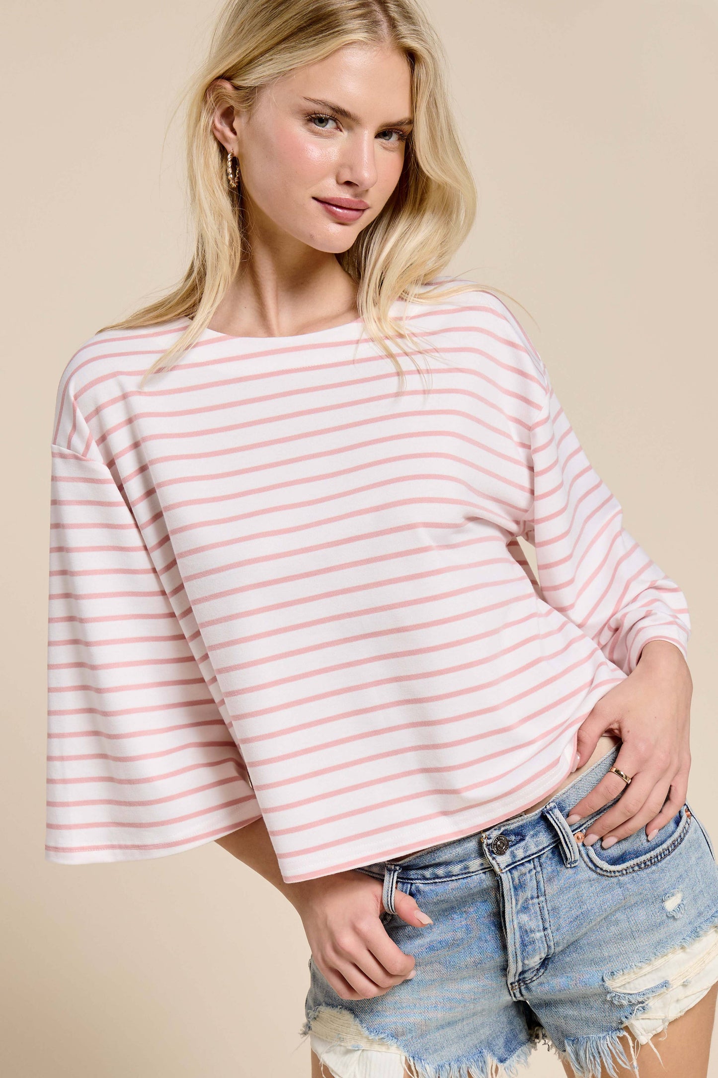 HDT7723-Striped Semi Crop Top women’s shirt with 3/4 Bell Sleeves