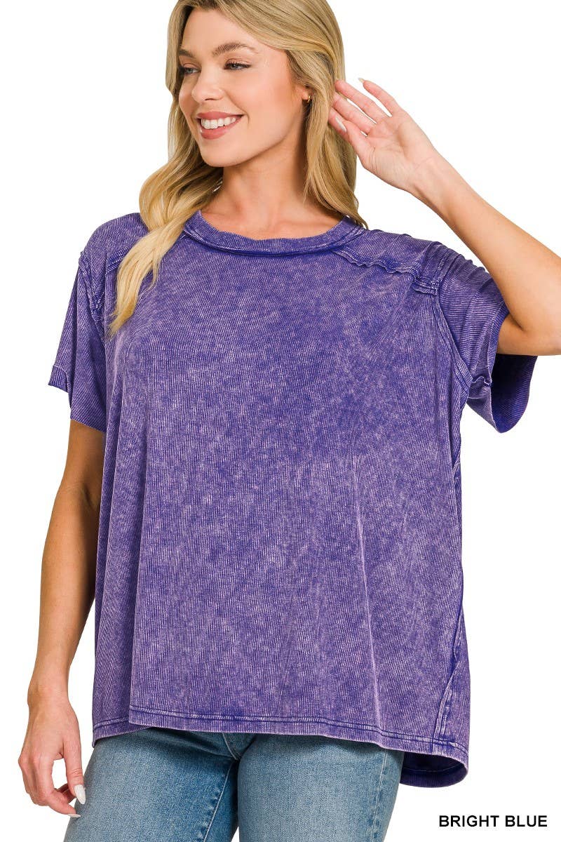 8393A Washed Ribbed Short Sleeve Boat-neck Top