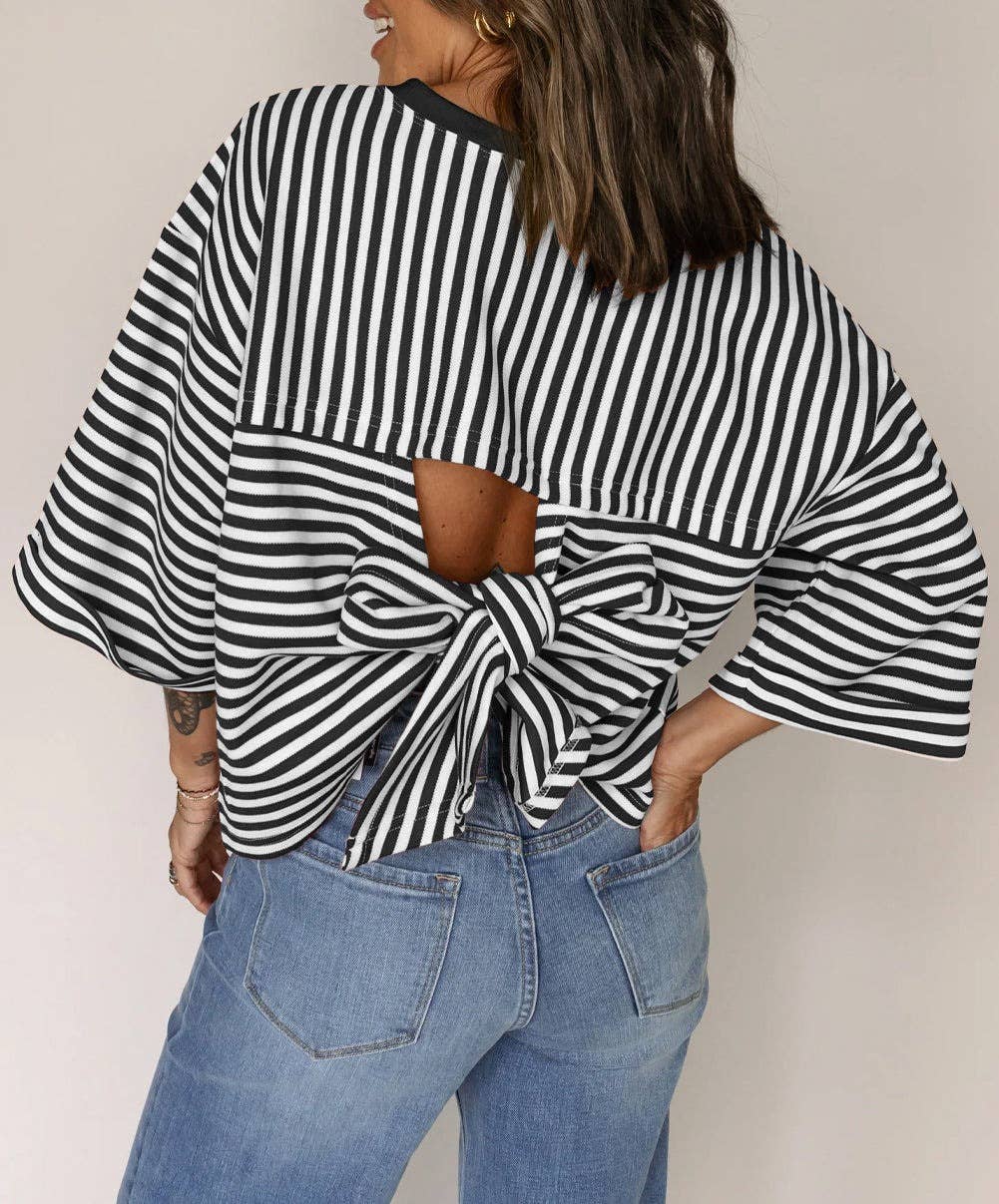 TO1843 Striped Back Tie Bow Knit Top