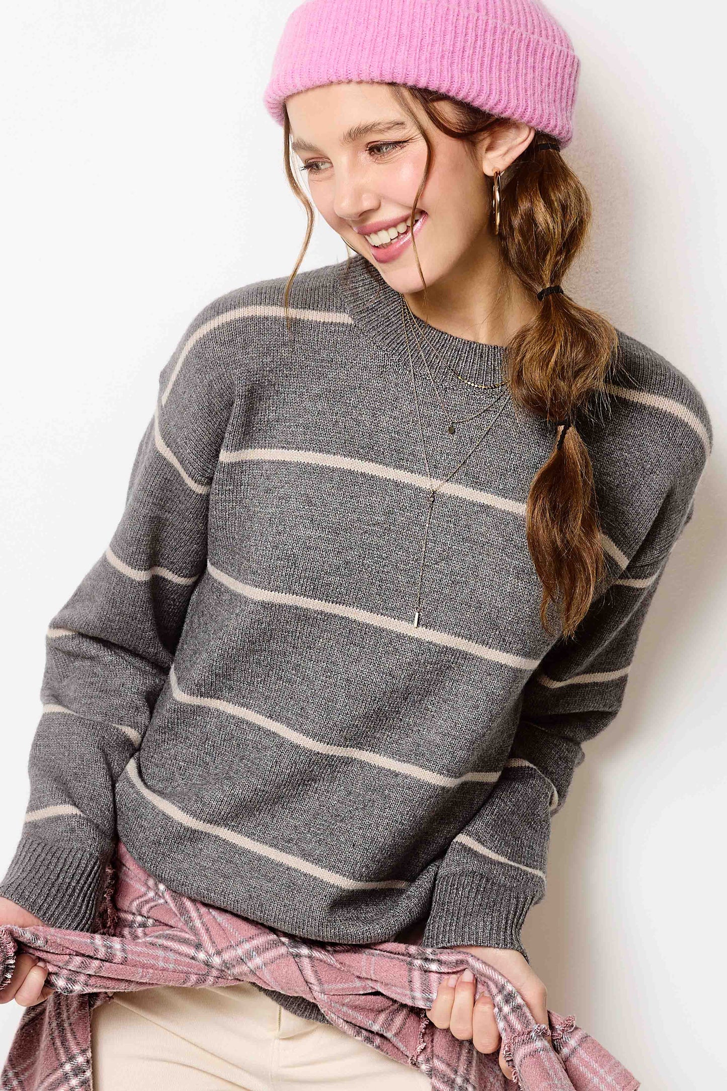 Outerwear Loose Fit Stripe Long Sleeve Crewneck Sweater HCS3553