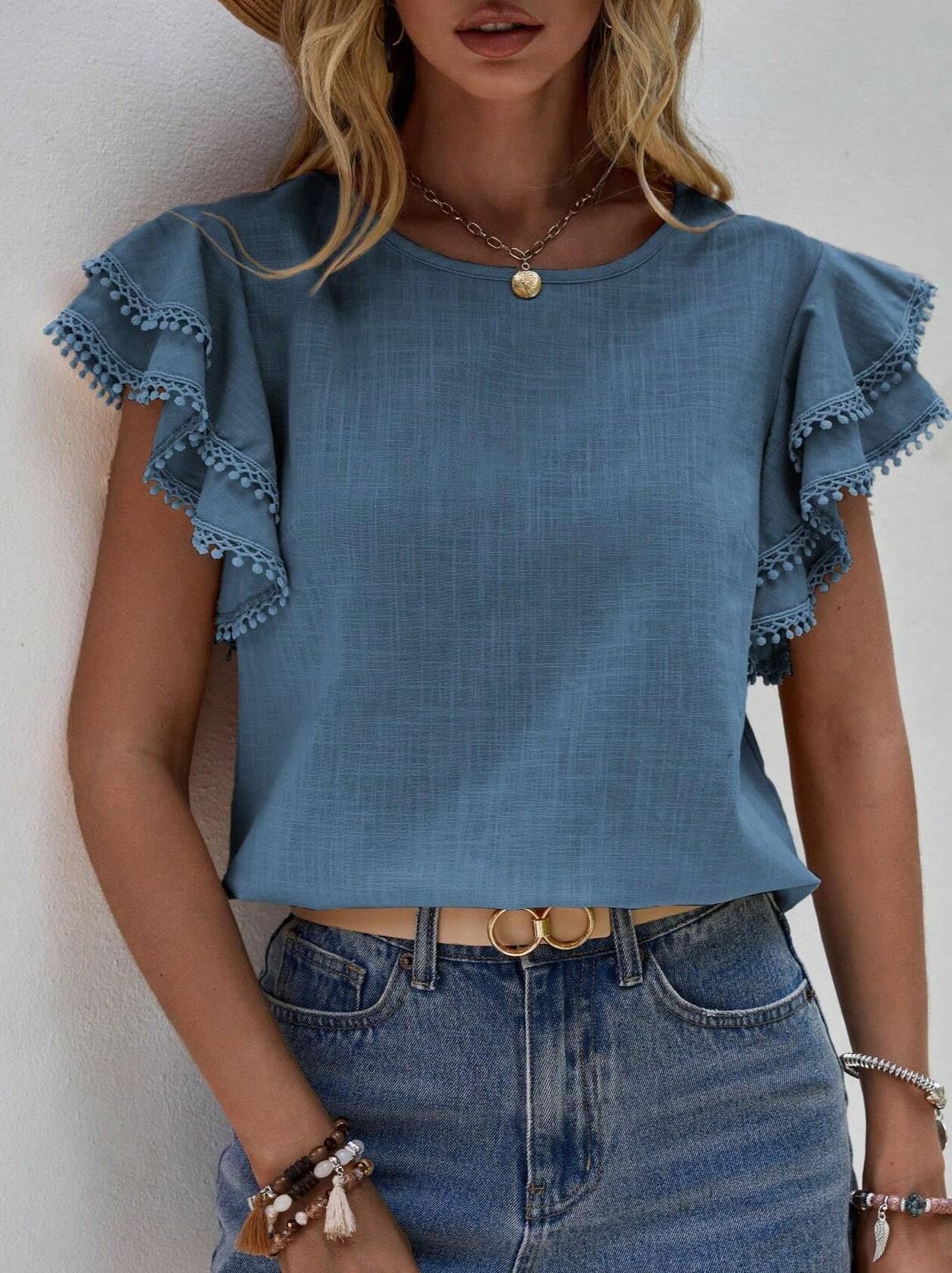 Shirts Women’s Crewneck Loose Lace Ruffle Sleeve RCXL00715