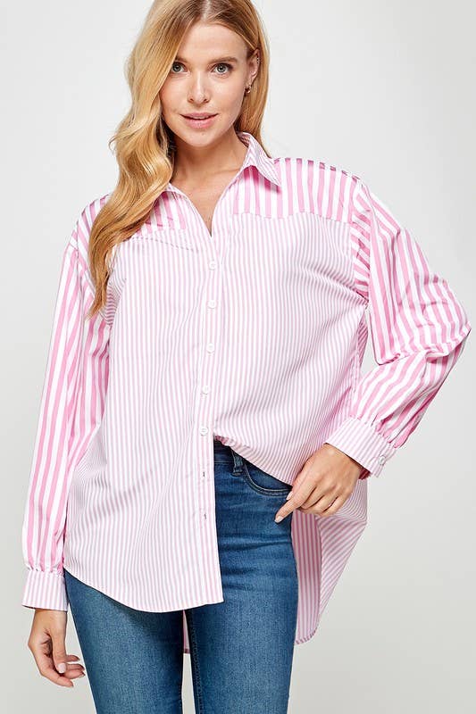 24351O Button Down Stiped Long Sleeves Top