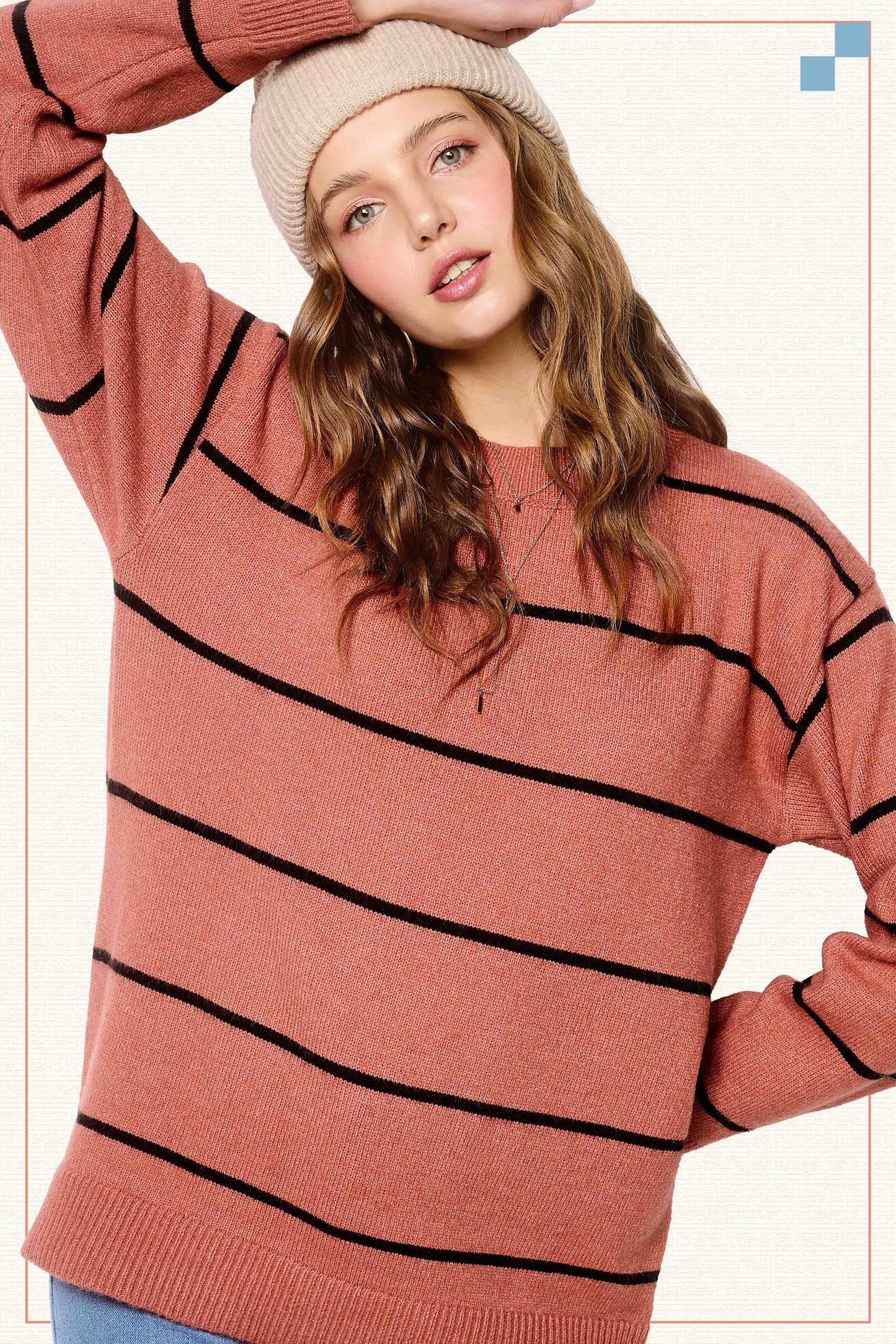 Outerwear Loose Fit Stripe Long Sleeve Crewneck Sweater HCS3553