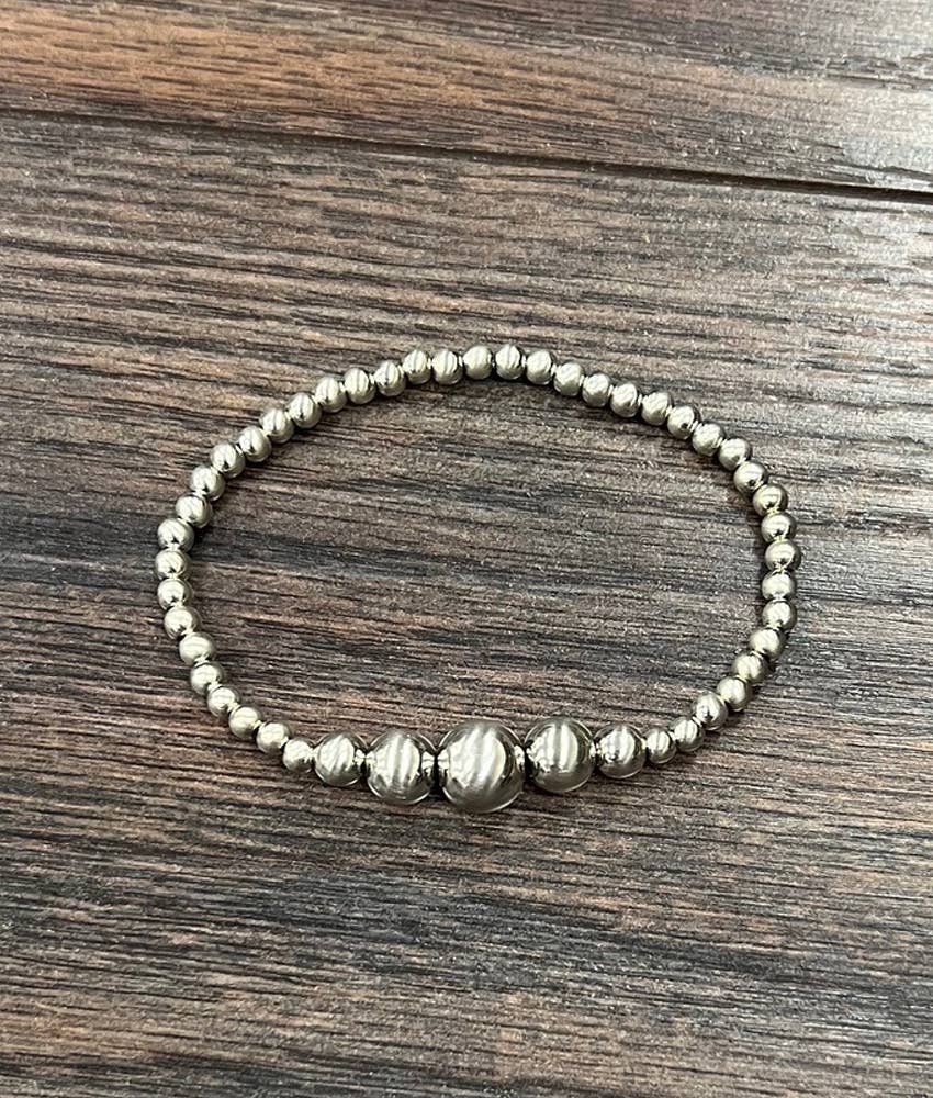 711569 Handmade Silver Navajo Bead Stretch Bracelet Jewelry
