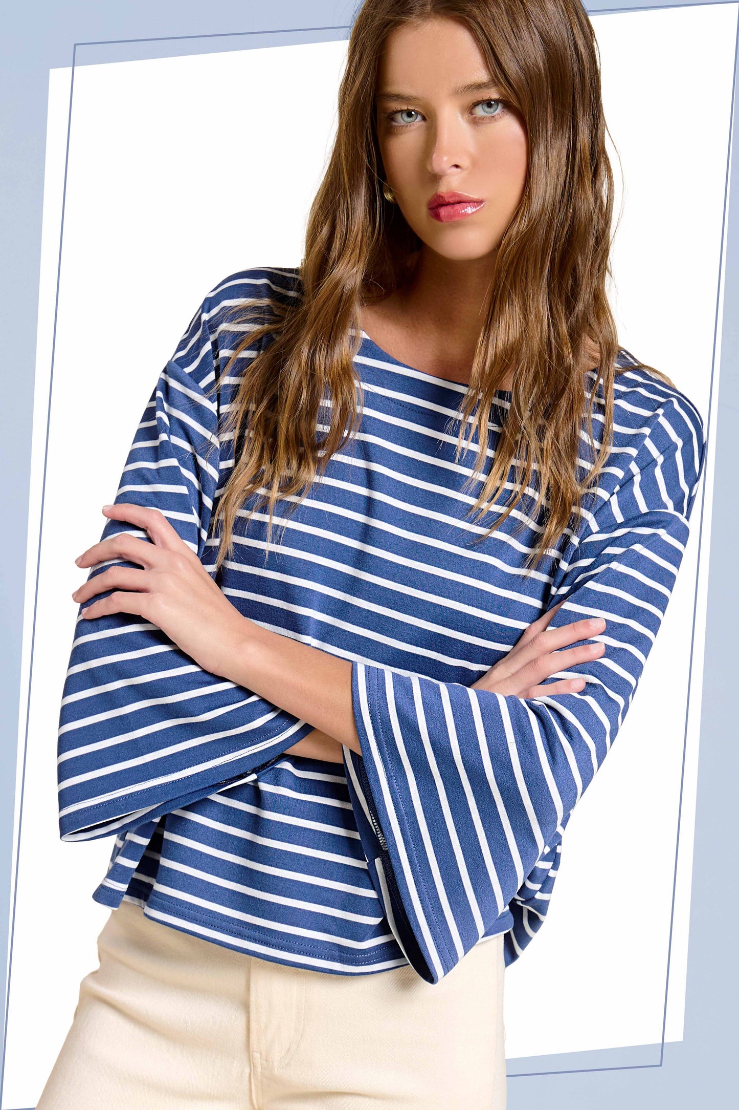 HDT7723-Striped Semi Crop Top women’s shirt with 3/4 Bell Sleeves