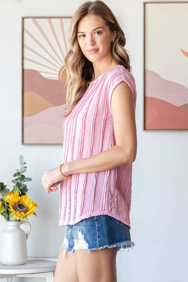 5948 Solid Textured Cap Sleeve Pullover Blouse 11D-T5948