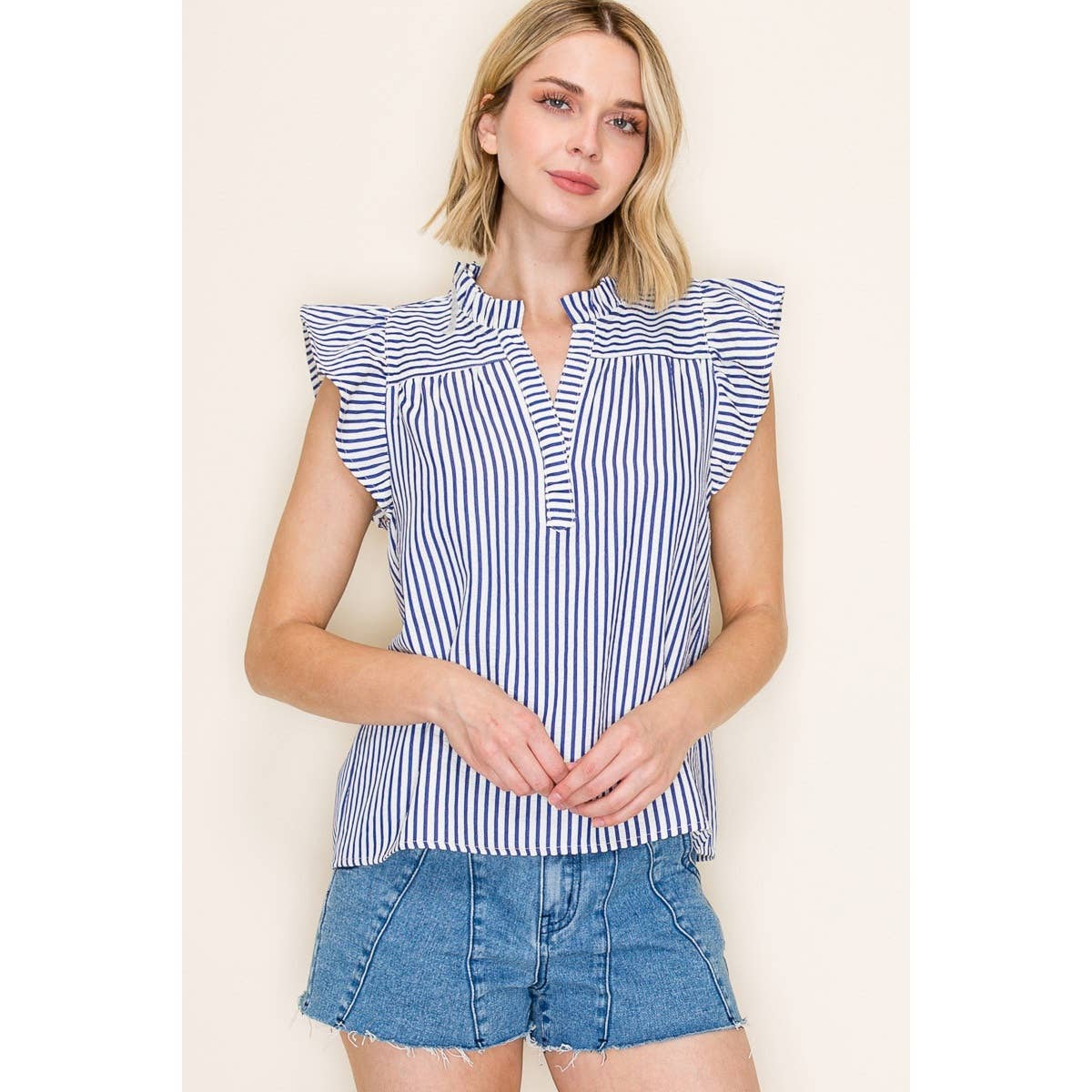 Shirts Women’s FRILLED SPLIT NECK STRIPED TOP 20952