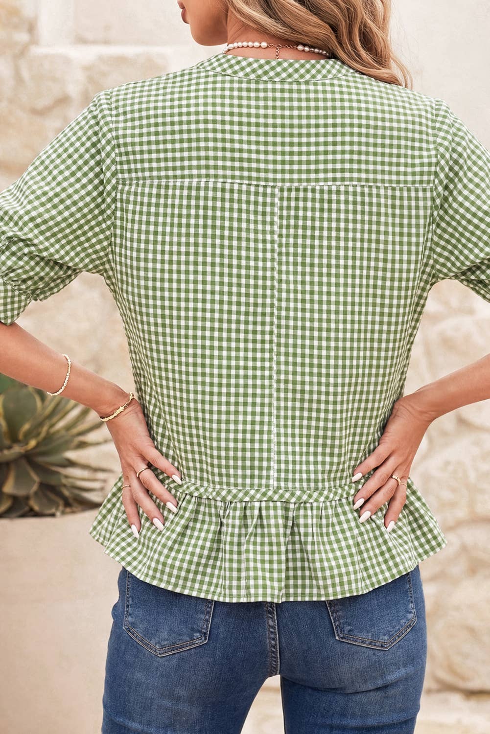 D0525 Plaid Half Sleeve Ruffle Hem Button Down Shirt