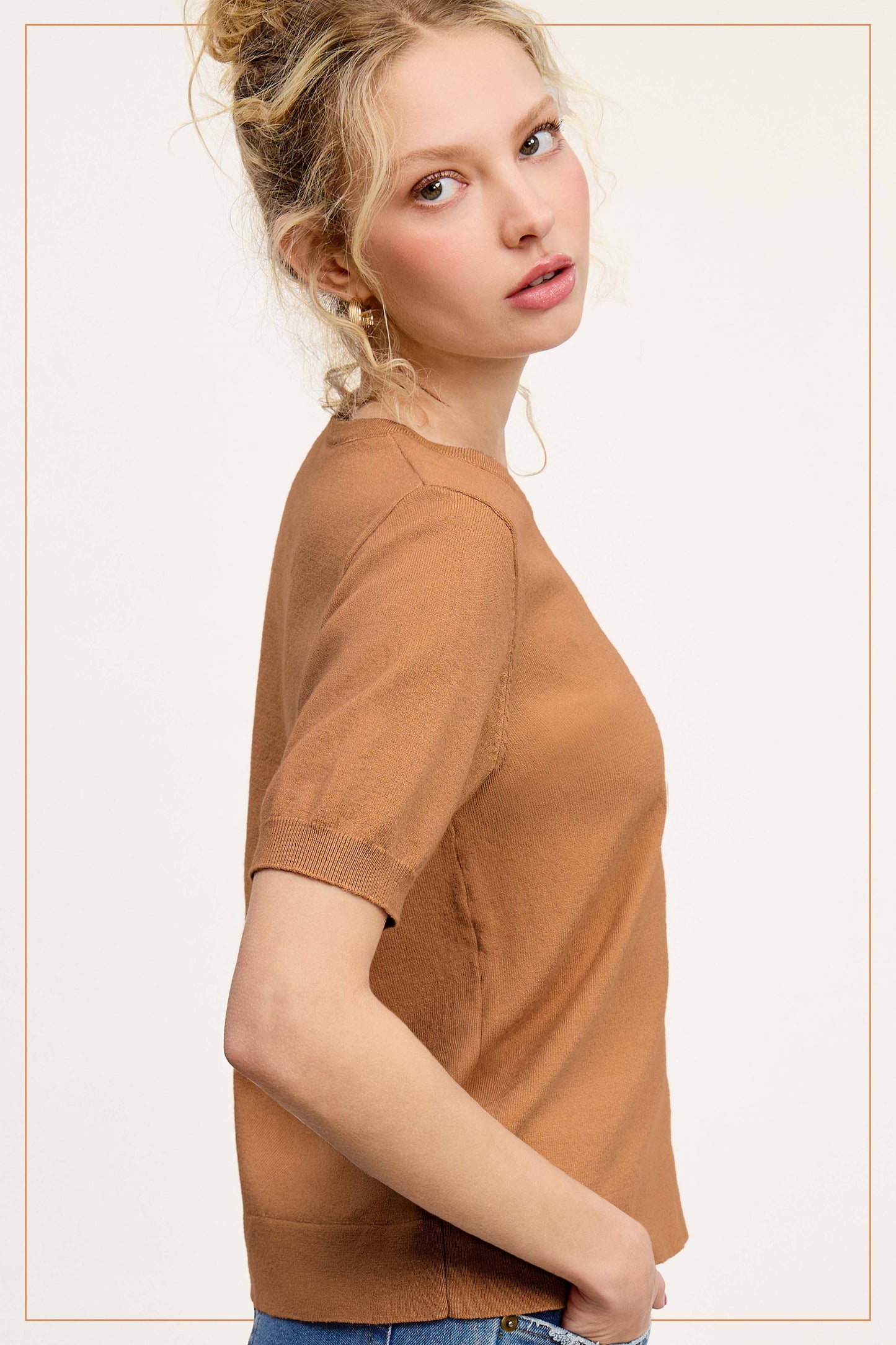 Soft Short Puffy Sleeve Basic Stretchy Knit Top MCS3600