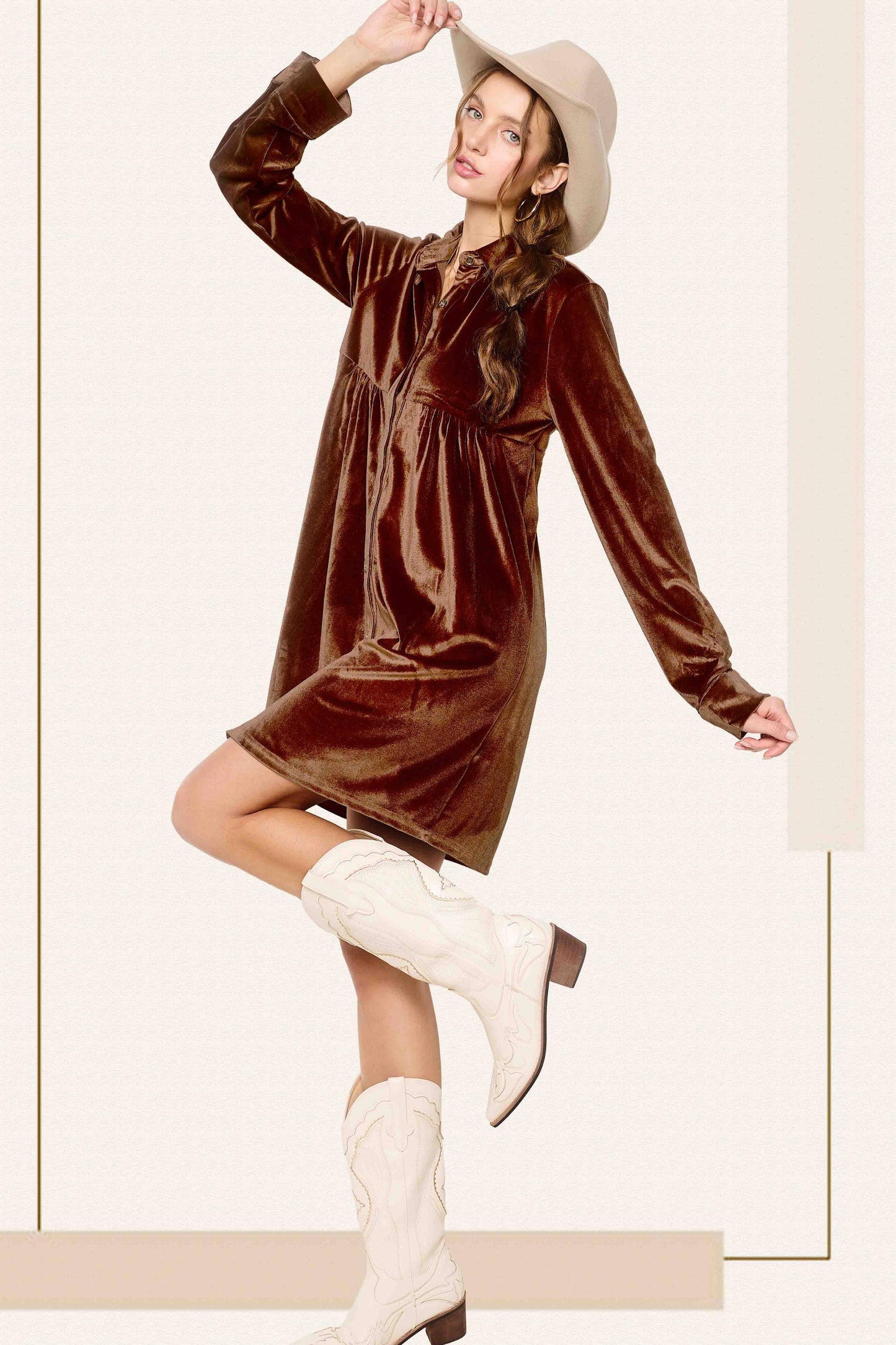 HCD9315-Soft Velvety Button Down Collar Dress