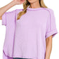 8451 Textured Line Short Cuff Sleeve Raw Edge Top