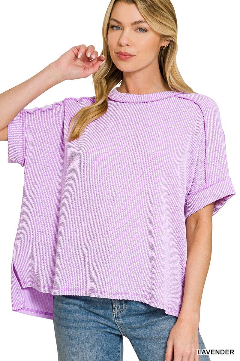 8451 Textured Line Short Cuff Sleeve Raw Edge Top