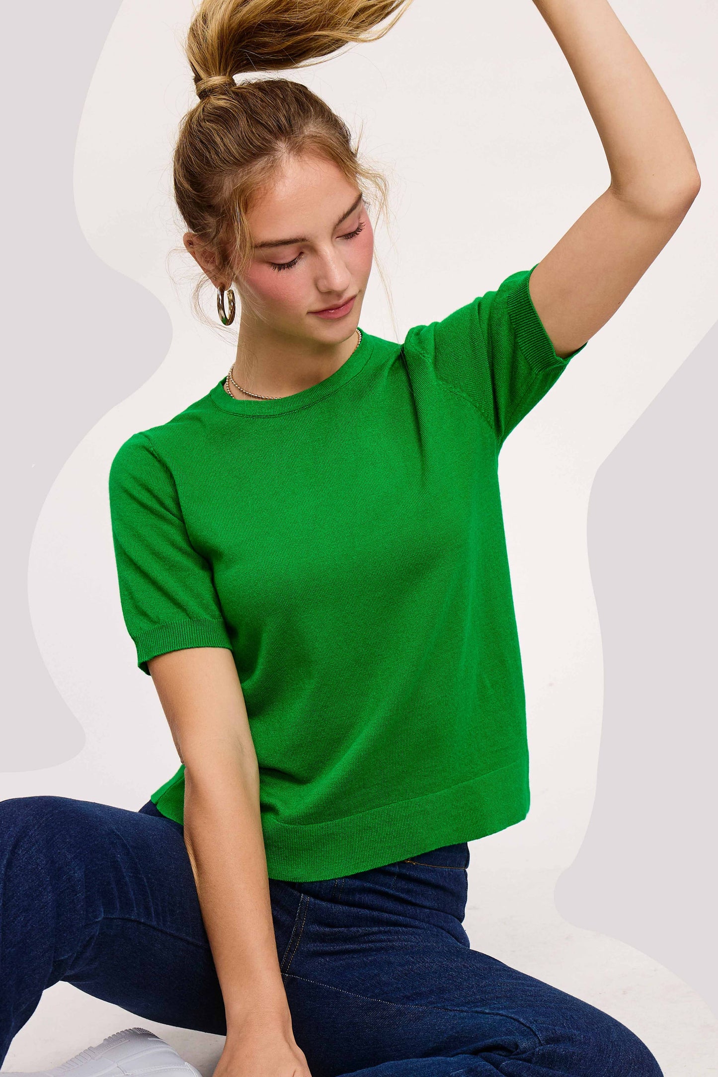 Soft Short Puffy Sleeve Basic Stretchy Knit Top MCS3600
