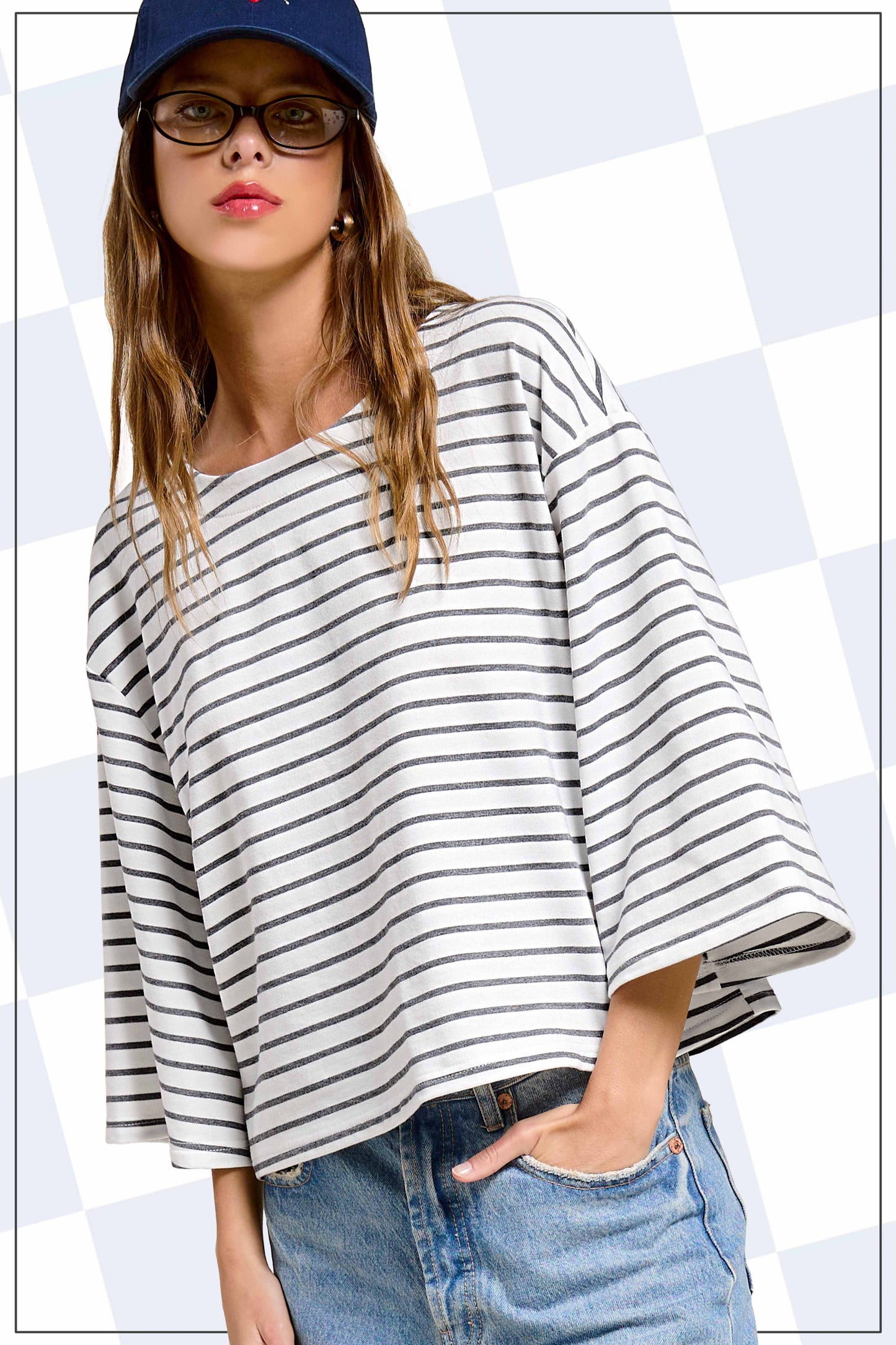 HDT7723-Striped Semi Crop Top women’s shirt with 3/4 Bell Sleeves
