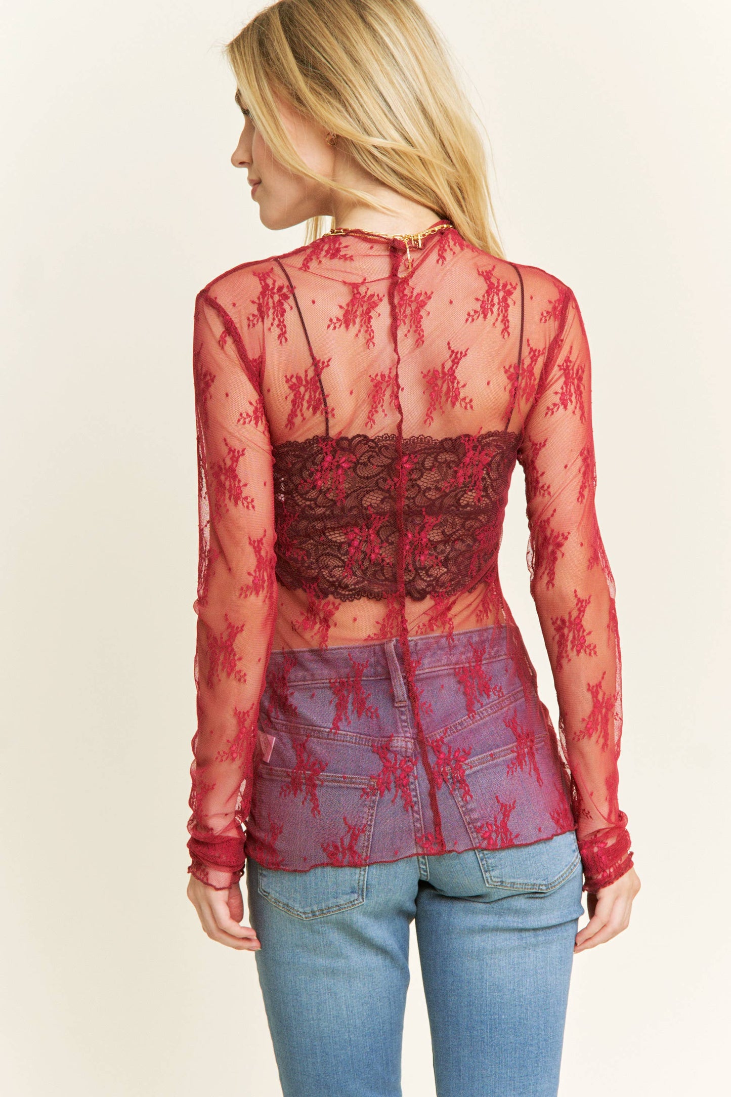 TP9602 MESH LACE HIGH NECK DESIGN LONG SLEEVE FITTED TOP
