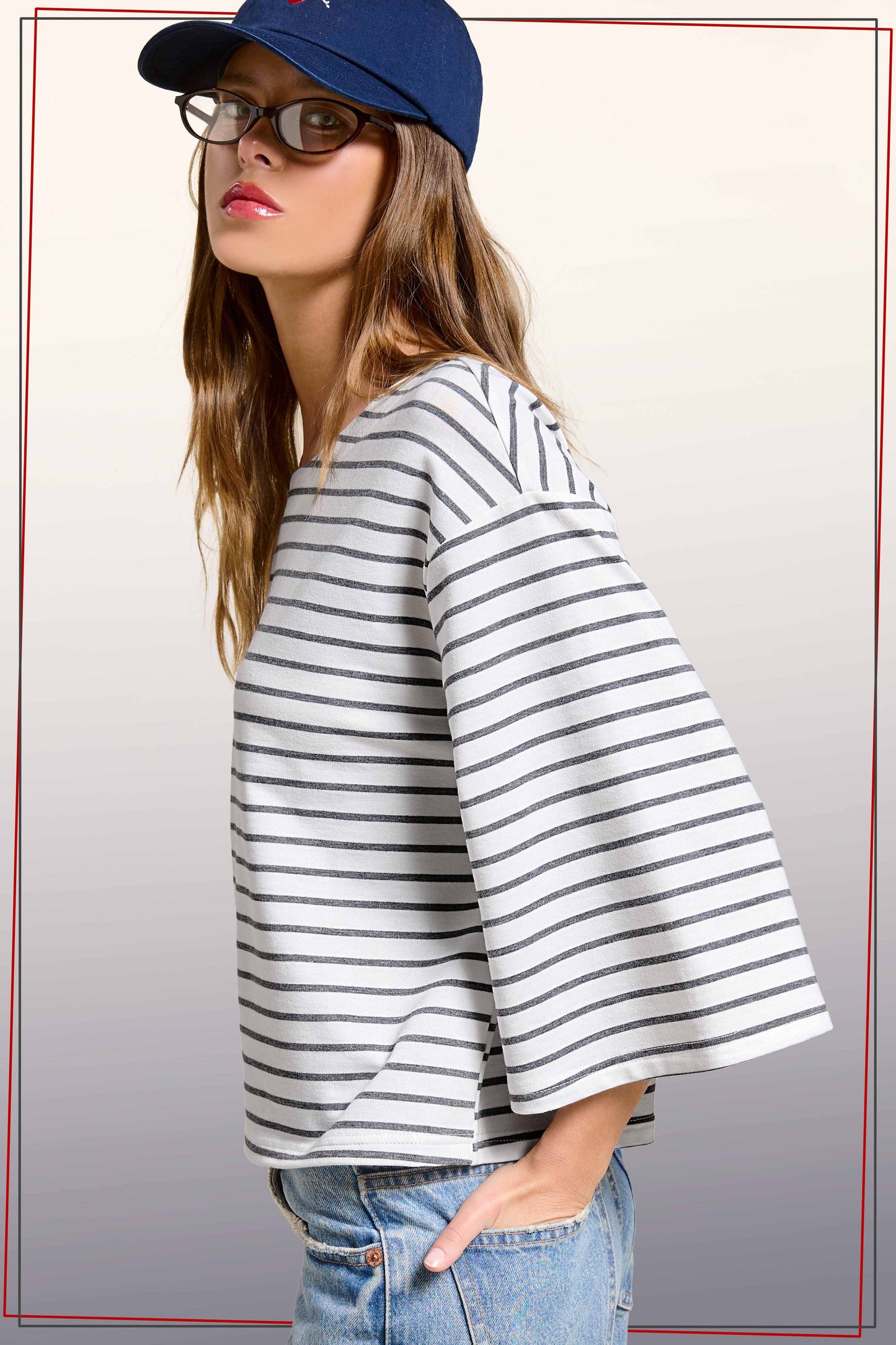 HDT7723-Striped Semi Crop Top women’s shirt with 3/4 Bell Sleeves