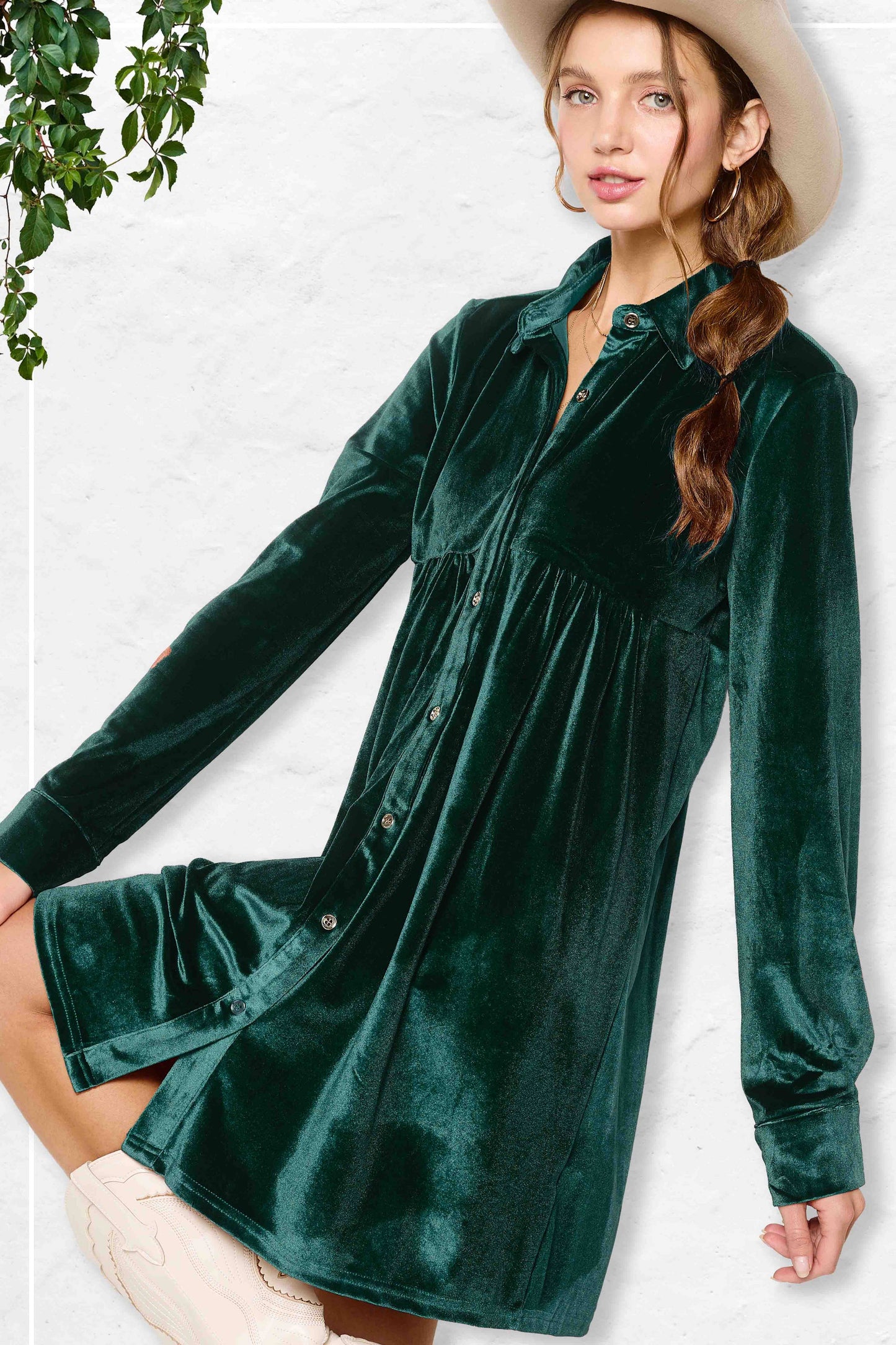 HCD9315-Soft Velvety Button Down Collar Dress