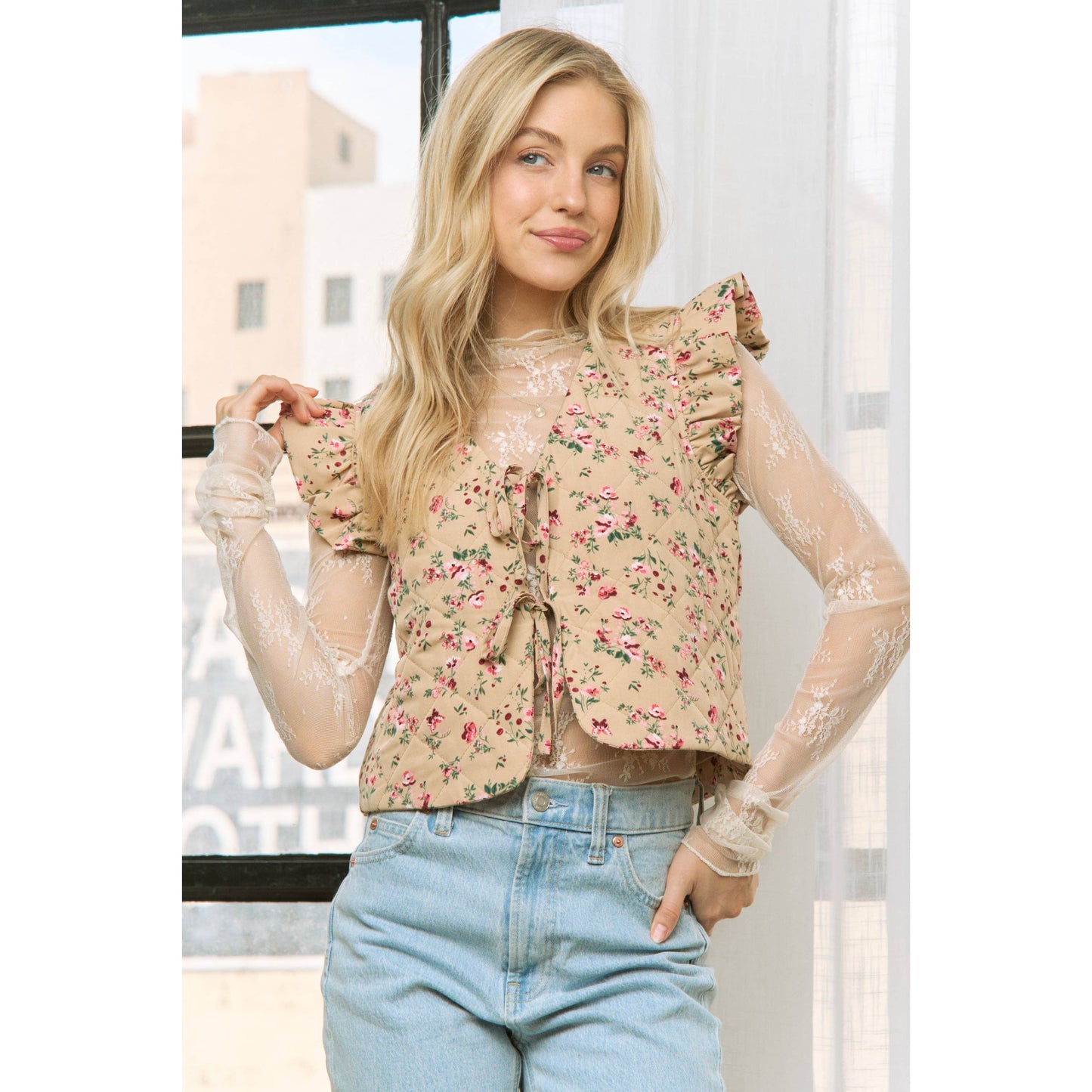 Shirts Women’s FLORAL PRINT VEST JACKET With ARMHOLE RUFFLE JK10401