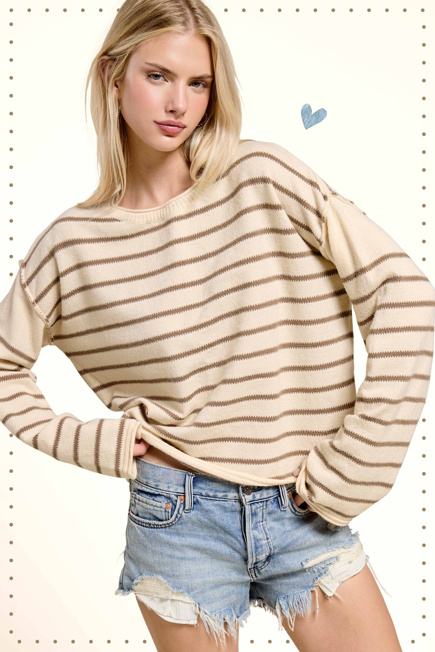 MCS3588-Striped Round Neck Loose Fit Long Sleeve Sweater