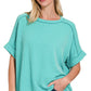 8451 Textured Line Short Cuff Sleeve Raw Edge Top