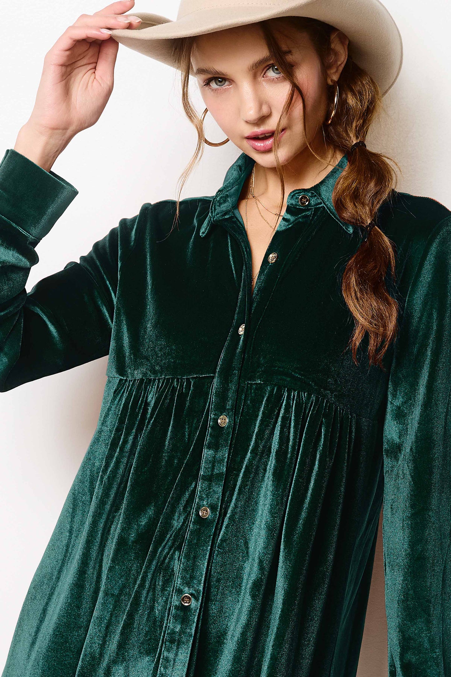 HCD9315-Soft Velvety Button Down Collar Dress