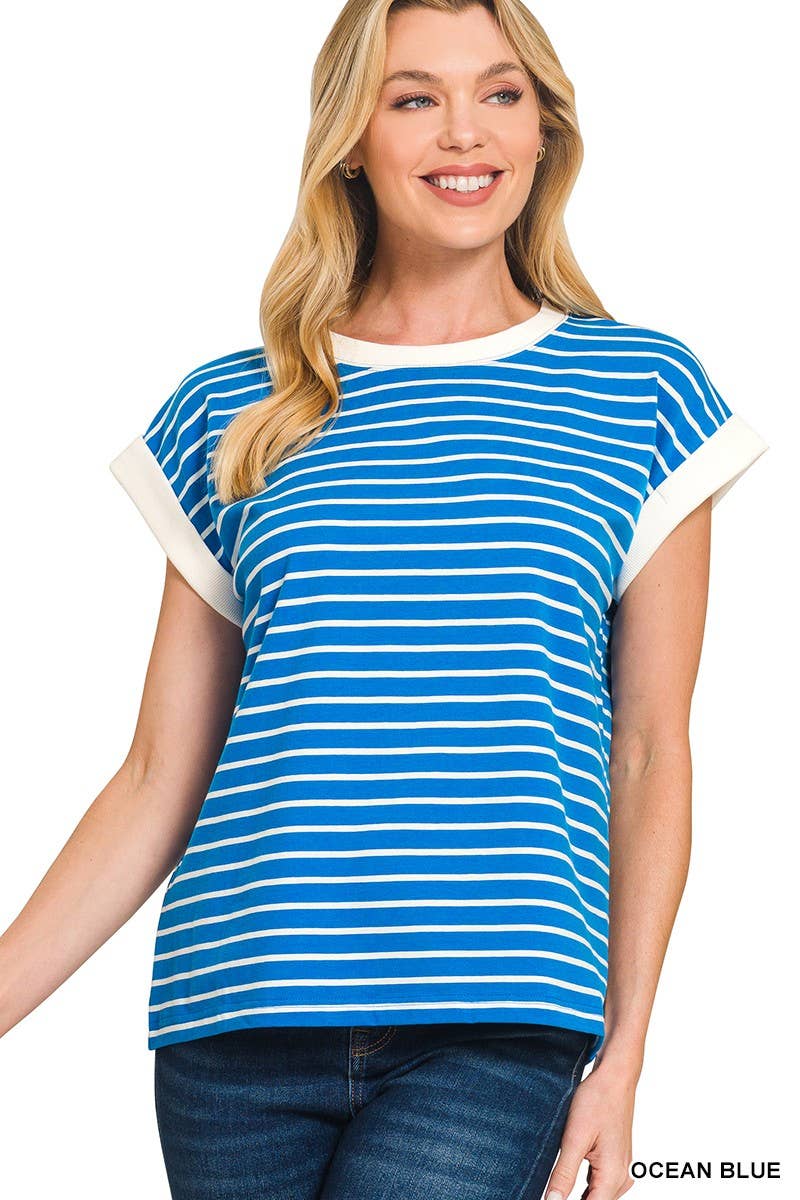 3534 Contrast Trim Cap Sleeve Stripe Tee CT-3543Y