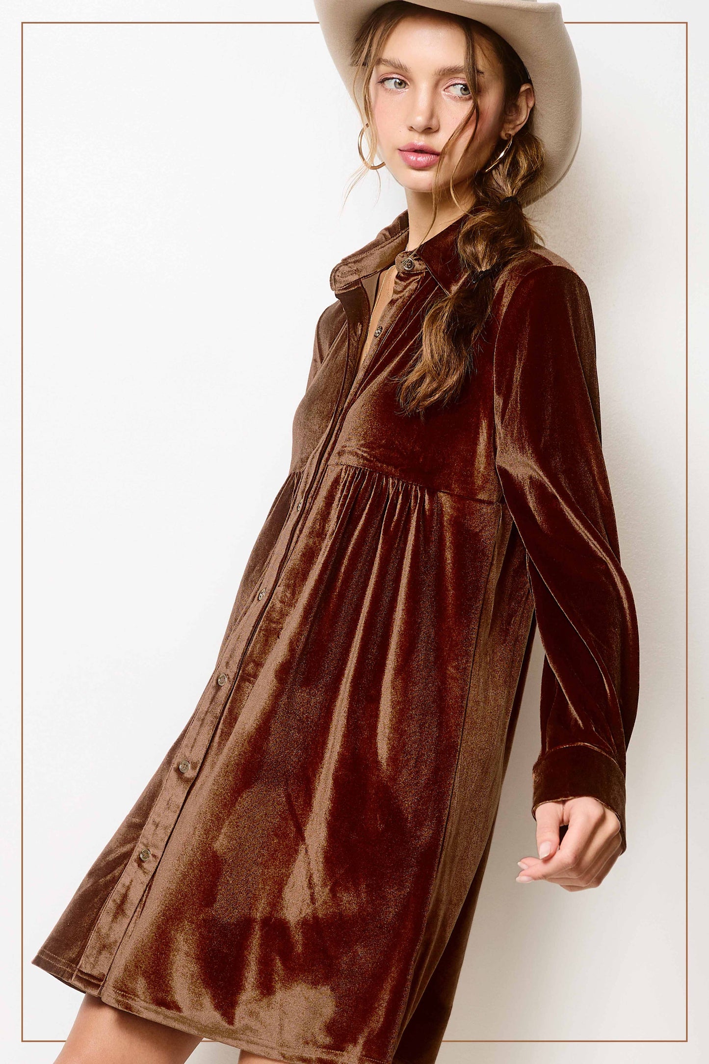 HCD9315-Soft Velvety Button Down Collar Dress