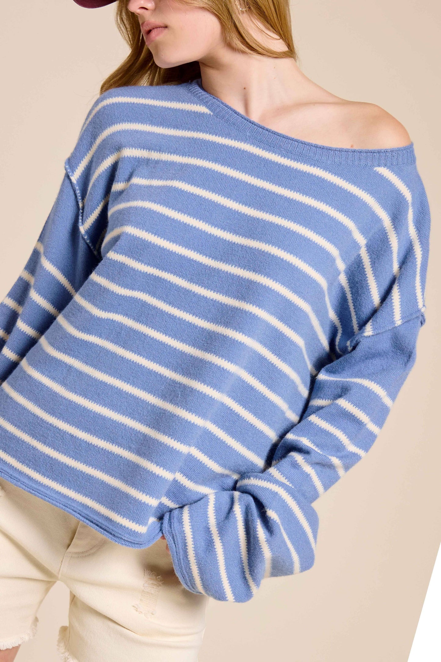 MCS3588-Striped Round Neck Loose Fit Long Sleeve Sweater