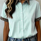 Shirts Women’s Leopard Trim Striped Button-Down Short Sleeve Shirt P-419