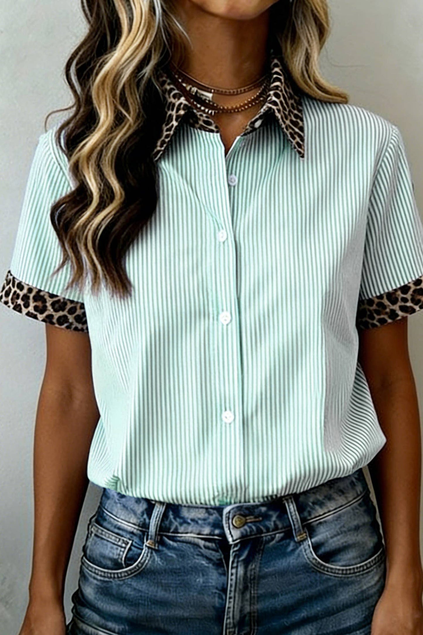 Shirts Women’s Leopard Trim Striped Button-Down Short Sleeve Shirt P-419